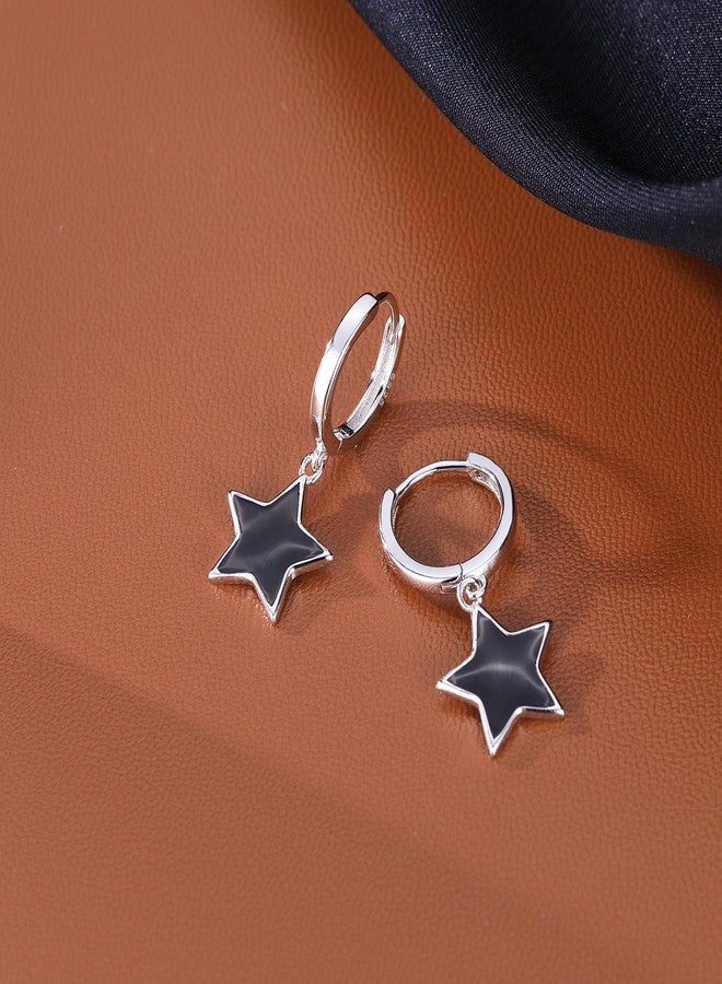 SLUYNZ Solid 925 Sterling Silver Black Star Hoop Earrings for Women Teen Girls 1.3CM Star Hoop Dangle Earrings (A-Sterling Silver) - Image 5