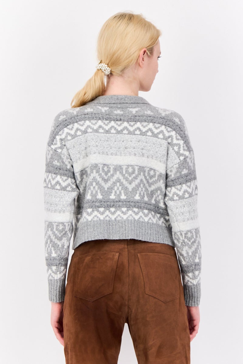 Pink Rose Women Spread Collar Knitted Cardigan, Light Grey - Image 3