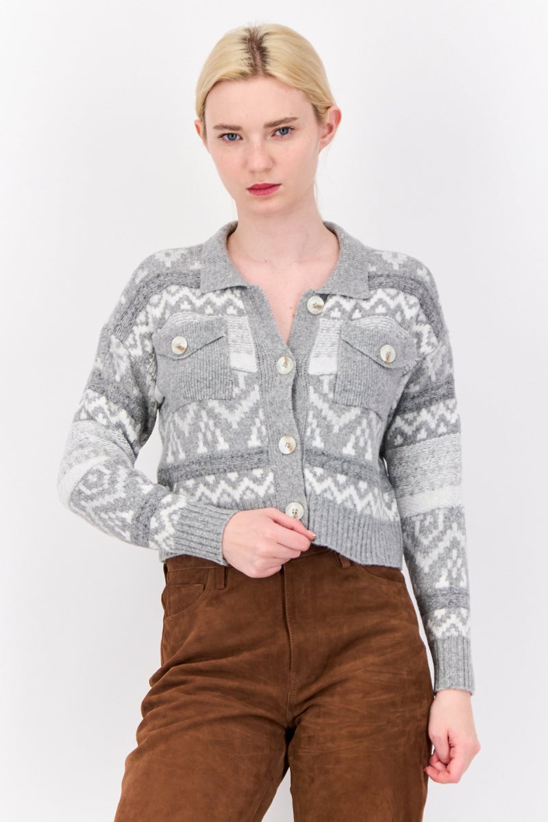 Pink Rose Women Spread Collar Knitted Cardigan, Light Grey - Image 1