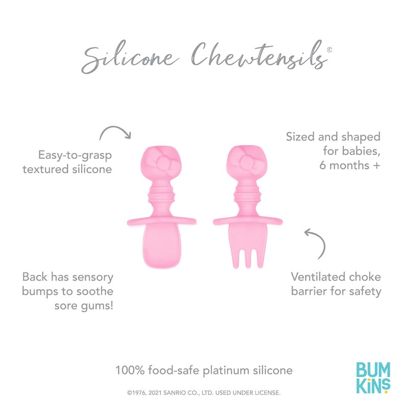 Bumkins Baby Utensils Set, Chewtensils Silicone Spoons for Dipping, Self-Feeding, Baby Led Weaning, Trainer Learning, First Stage Eating, Soft Practice Fork and Spoon, 6 Months, Hello Kitty Pink - Image 5