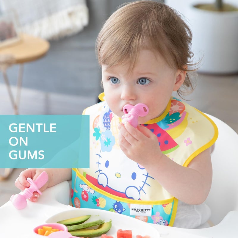 Bumkins Baby Utensils Set, Chewtensils Silicone Spoons for Dipping, Self-Feeding, Baby Led Weaning, Trainer Learning, First Stage Eating, Soft Practice Fork and Spoon, 6 Months, Hello Kitty Pink - Image 2