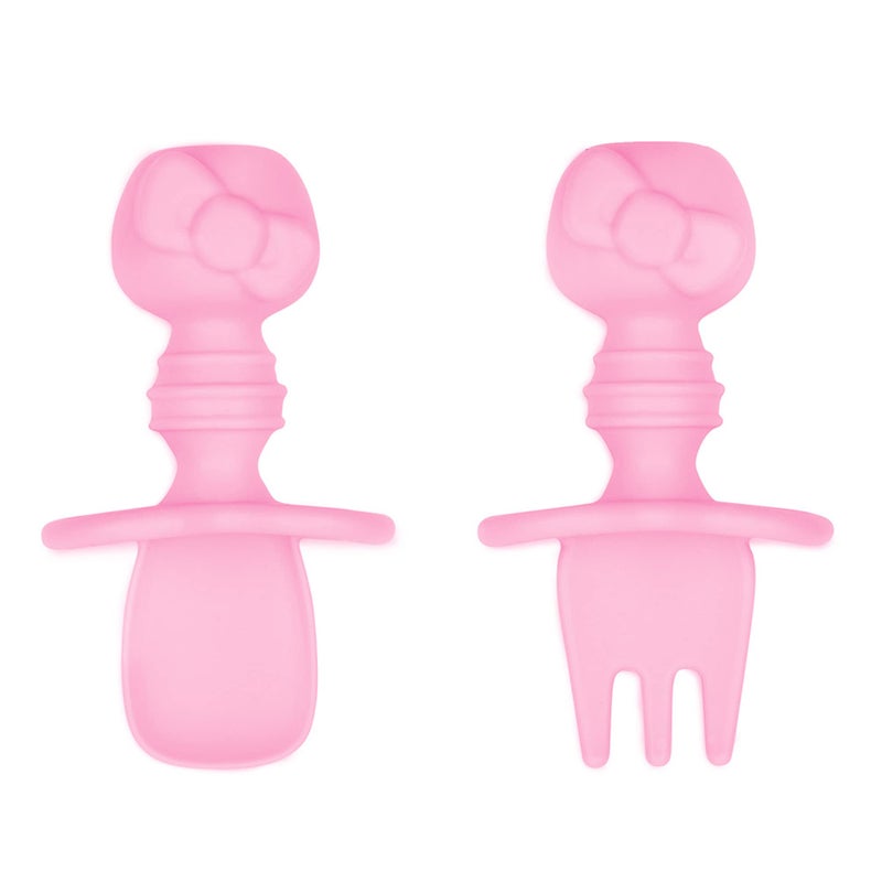 Bumkins Baby Utensils Set, Chewtensils Silicone Spoons for Dipping, Self-Feeding, Baby Led Weaning, Trainer Learning, First Stage Eating, Soft Practice Fork and Spoon, 6 Months, Hello Kitty Pink - Image 1