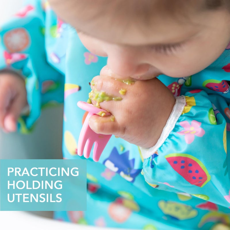 Bumkins Baby Utensils Set, Chewtensils Silicone Spoons for Dipping, Self-Feeding, Baby Led Weaning, Trainer Learning, First Stage Eating, Soft Practice Fork and Spoon, 6 Months, Hello Kitty Pink - Image 3