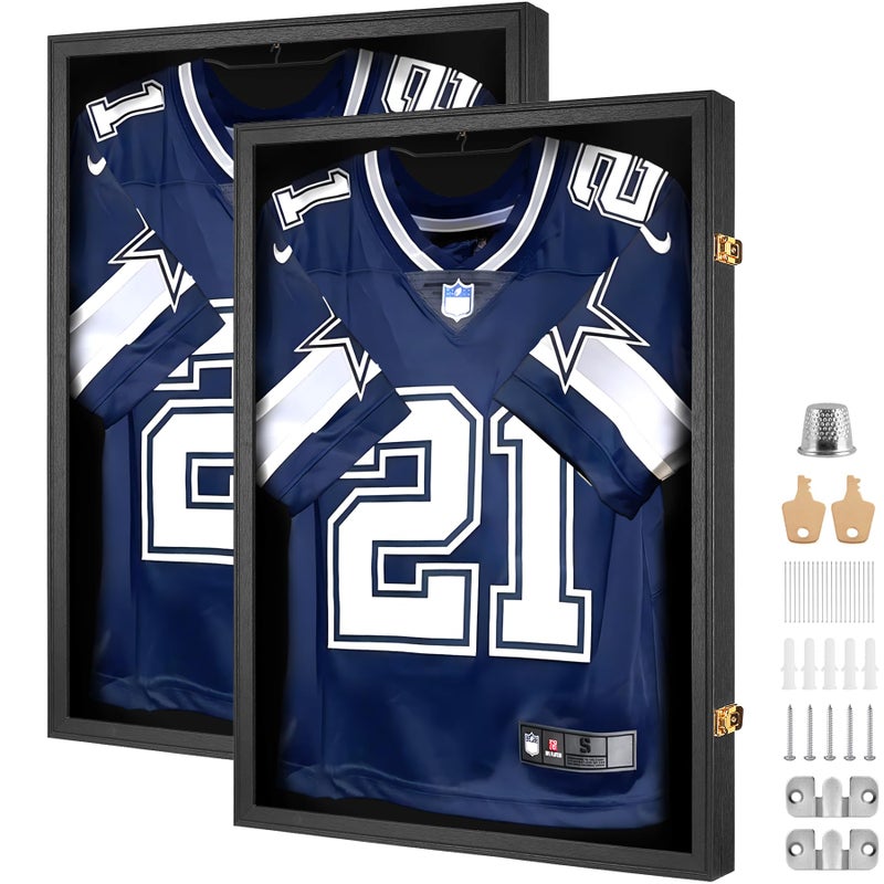 Yaetm Yaetm Jersey Frame Display Case 2 Pack Football Jersey Display Case for Wall Lockable Shadow Box with 98 UV Protection Acrylic and Hanger for Hockey Soccer Basketball Baseball Shirts Black