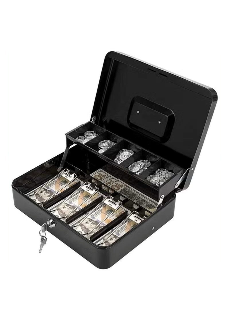صندوق نقود قفل بمفتاح، خزنة معدنية للنقود مع صينية نقود، صندوق تخزين نقود مع غطاء قابل للقفل، منظم لتوفير المال باللون الأسود - Image 1