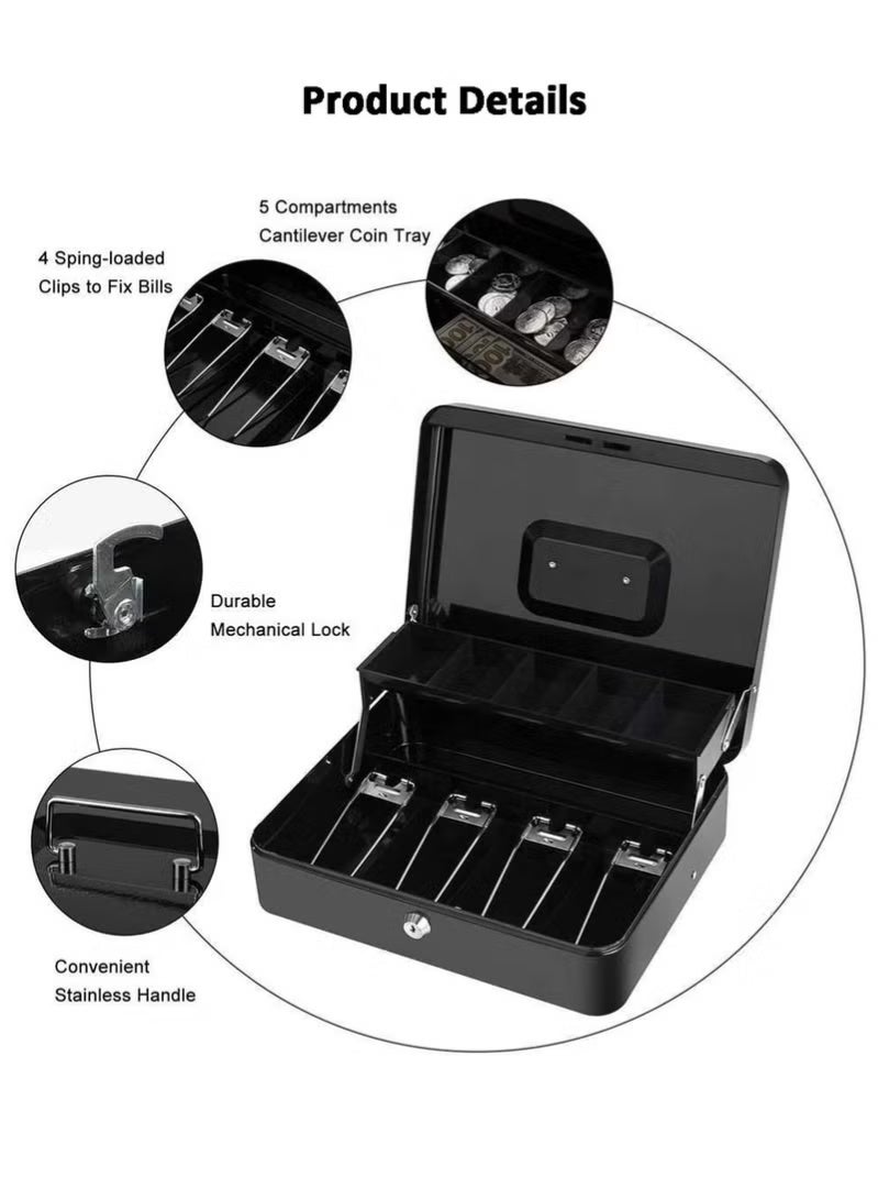 صندوق نقود قفل بمفتاح، خزنة معدنية للنقود مع صينية نقود، صندوق تخزين نقود مع غطاء قابل للقفل، منظم لتوفير المال باللون الأسود - Image 4