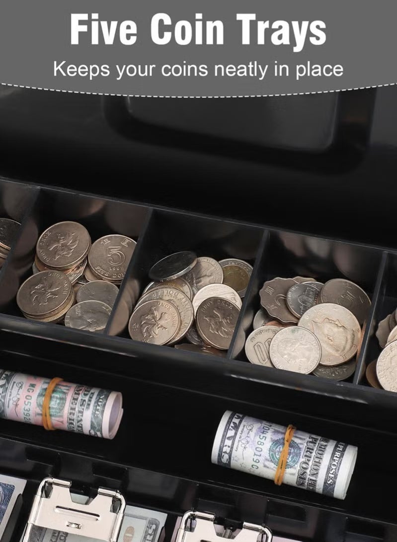 صندوق نقود قفل بمفتاح، خزنة معدنية للنقود مع صينية نقود، صندوق تخزين نقود مع غطاء قابل للقفل، منظم لتوفير المال باللون الأسود - Image 3