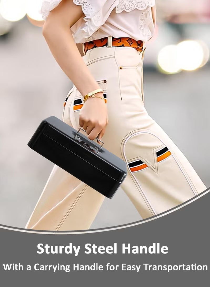 صندوق نقود قفل بمفتاح، خزنة معدنية للنقود مع صينية نقود، صندوق تخزين نقود مع غطاء قابل للقفل، منظم لتوفير المال باللون الأسود - Image 5