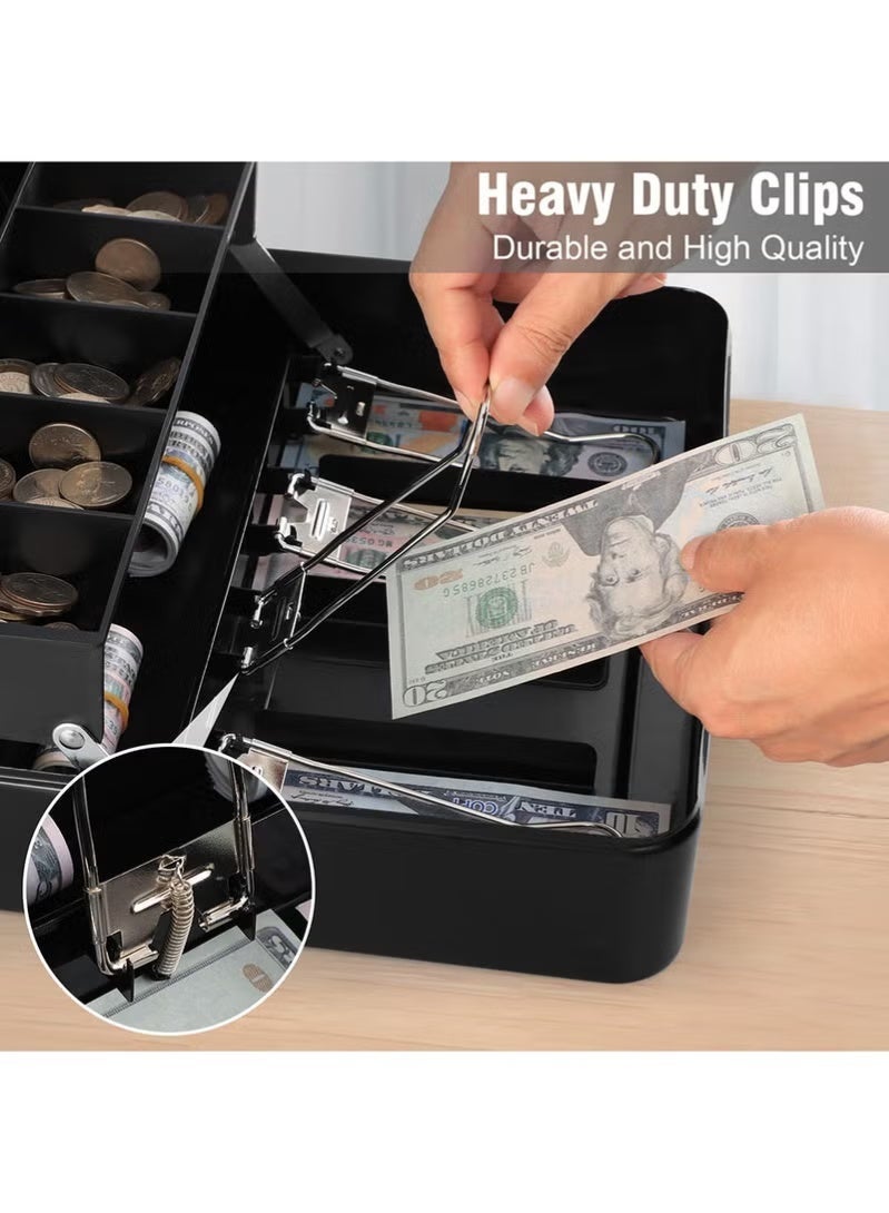 صندوق نقود قفل بمفتاح، خزنة معدنية للنقود مع صينية نقود، صندوق تخزين نقود مع غطاء قابل للقفل، منظم لتوفير المال باللون الأسود - Image 2