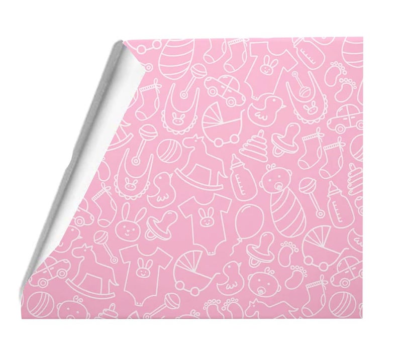 Baby Nursery Wrapping Paper, Pink and White Pattern with Toys, Rocking Horse and Bunny Design, Gift Packaging