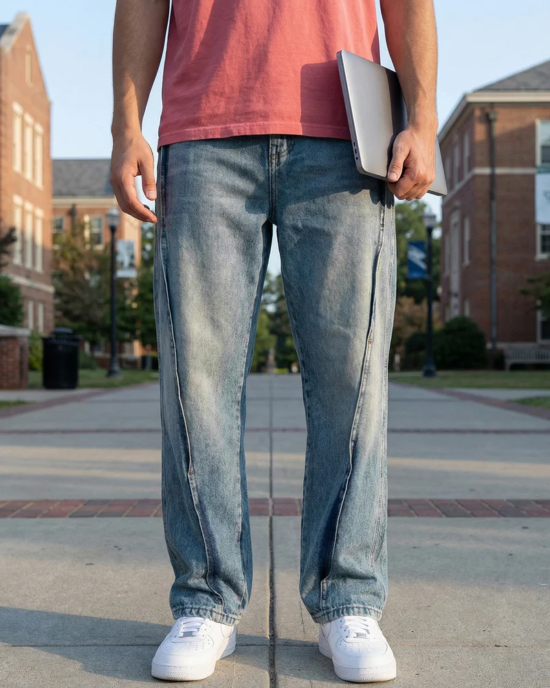 بيواكوف Men's Indigo Blue Washed Straight Fit Mid-Rise Jeans