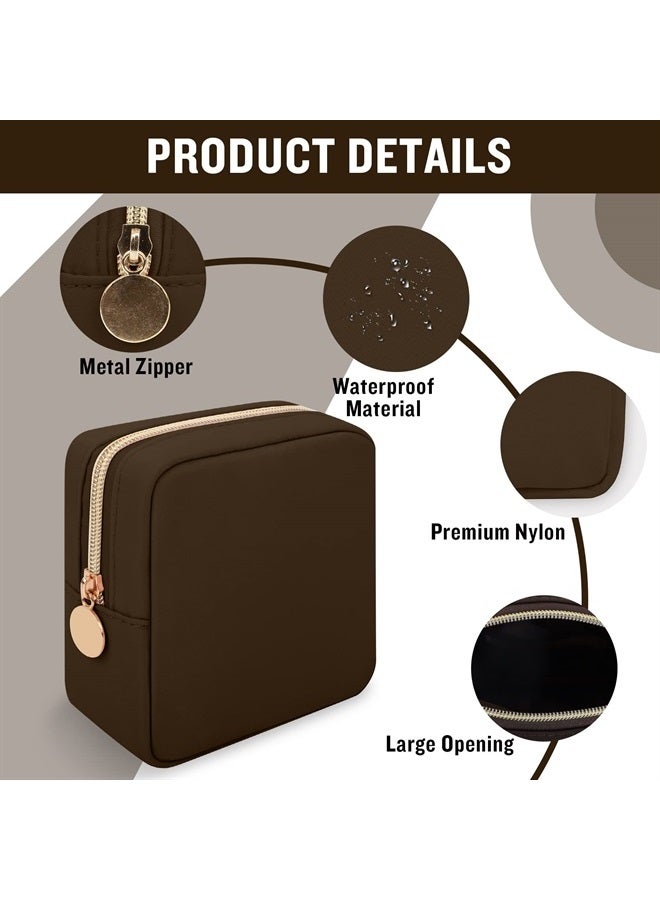Iqimott Nylon Mini Makeup Bag, Preppy Small Cosmetic Bag Compact Make up Pouch Toiletry Bag, Waterproof Zipper Purse Travel Coin Pouch Sanitary Napkin Storage Bag for Women Girls Teens(Brown) - Image 3