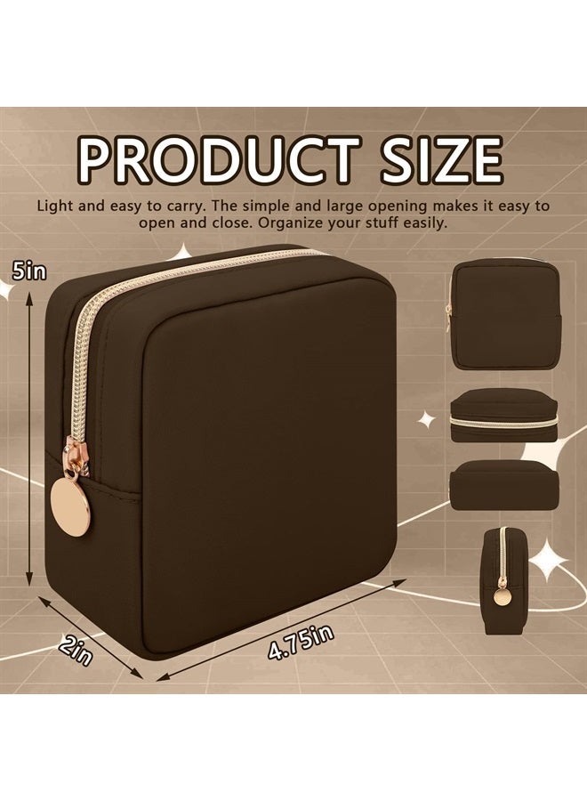 Iqimott Nylon Mini Makeup Bag, Preppy Small Cosmetic Bag Compact Make up Pouch Toiletry Bag, Waterproof Zipper Purse Travel Coin Pouch Sanitary Napkin Storage Bag for Women Girls Teens(Brown) - Image 2