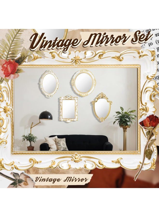 Beeveer 4 Pcs Vintage Gold Mirror Set Including Small Oval Wall Decorative Antique Shield Shape Square Decorative Mirror Jewelry Dresser Organizer Tray for Bedroom Wedding Victorian Decor(White) - Image 4