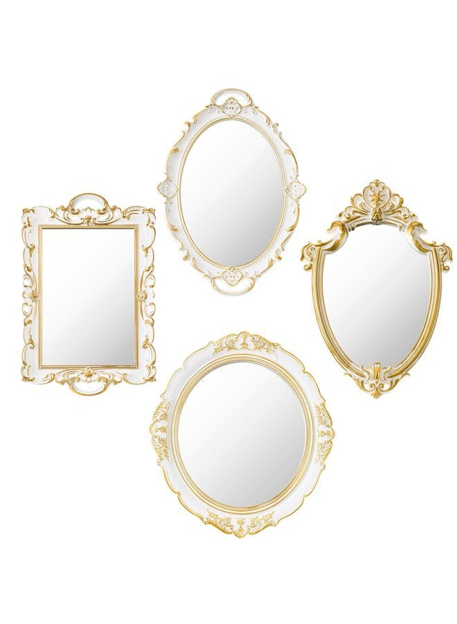 Beeveer 4 Pcs Vintage Gold Mirror Set Including Small Oval Wall Decorative Antique Shield Shape Square Decorative Mirror Jewelry Dresser Organizer Tray for Bedroom Wedding Victorian Decor(White) - Image 1