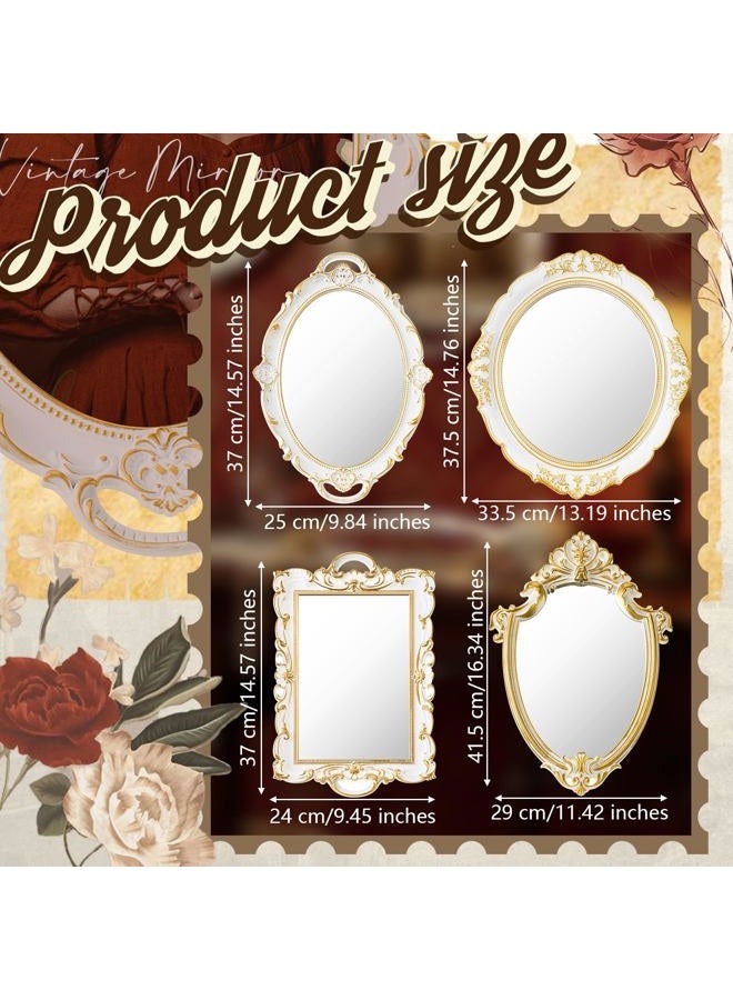 Beeveer 4 Pcs Vintage Gold Mirror Set Including Small Oval Wall Decorative Antique Shield Shape Square Decorative Mirror Jewelry Dresser Organizer Tray for Bedroom Wedding Victorian Decor(White) - Image 2