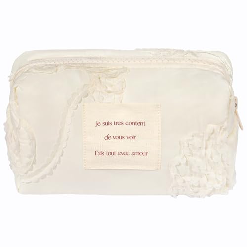 Sminra White Makeup Bag Small Nylon Cotton Quilted Cosmetic Makeup Bag Organizer, Aesthetic Floral Waterproof Portable Pouch Purse Toiletry Bag for Women Girls Travel accessories (White Lace-S) - Image 1
