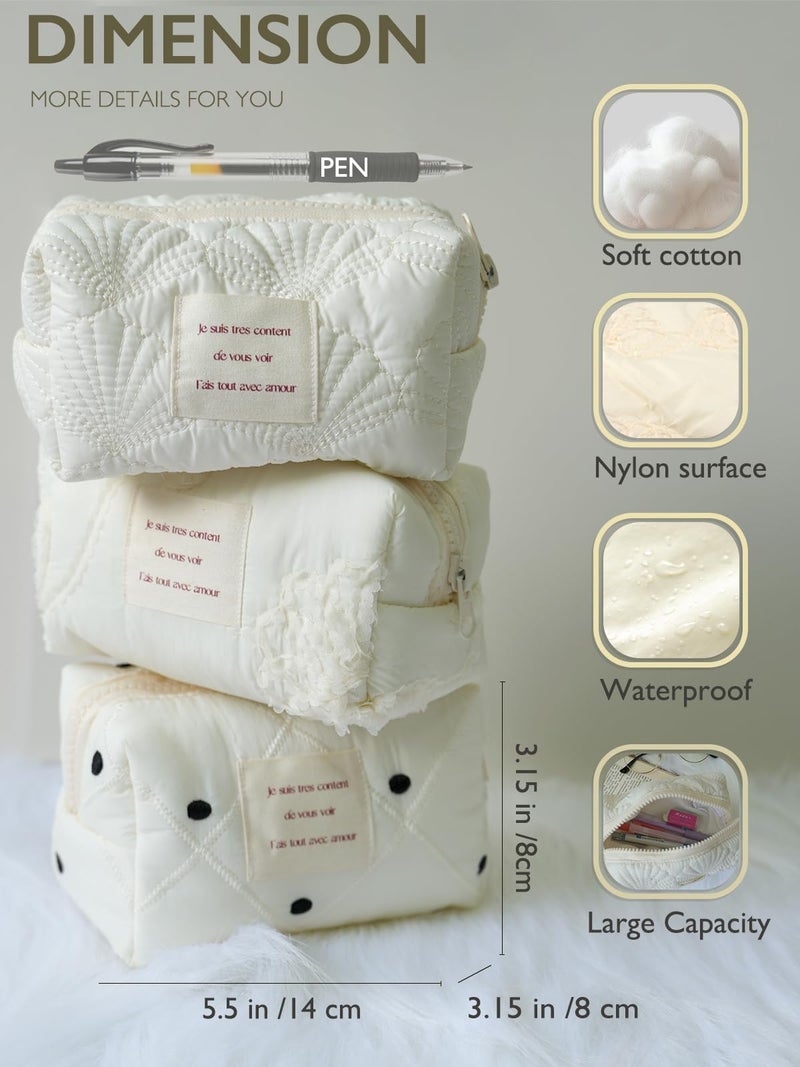 Sminra White Makeup Bag Small Nylon Cotton Quilted Cosmetic Makeup Bag Organizer, Aesthetic Floral Waterproof Portable Pouch Purse Toiletry Bag for Women Girls Travel accessories (White Lace-S) - Image 2