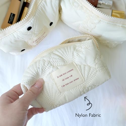 Sminra White Makeup Bag Small Nylon Cotton Quilted Cosmetic Makeup Bag Organizer, Aesthetic Floral Waterproof Portable Pouch Purse Toiletry Bag for Women Girls Travel accessories (White Lace-S) - Image 4