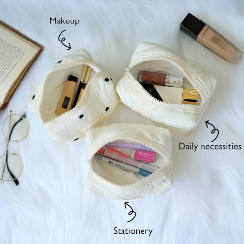 Sminra White Makeup Bag Small Nylon Cotton Quilted Cosmetic Makeup Bag Organizer, Aesthetic Floral Waterproof Portable Pouch Purse Toiletry Bag for Women Girls Travel accessories (White Lace-S) - Image 3