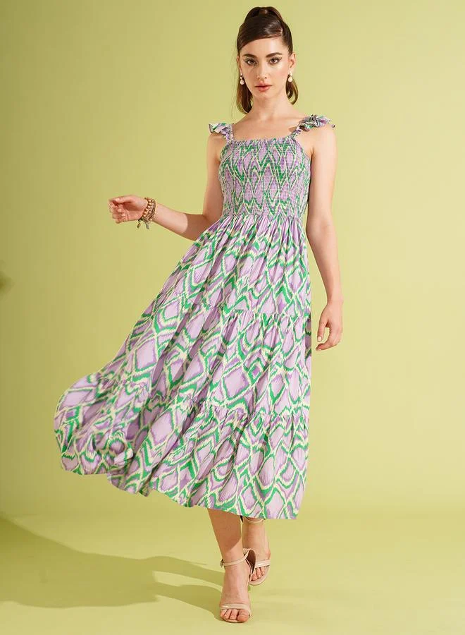 globus Globus Women All-Over Print Strappy Tiered Midi Dress with Smocking