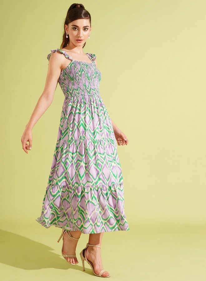 globus Globus Women All-Over Print Strappy Tiered Midi Dress with Smocking