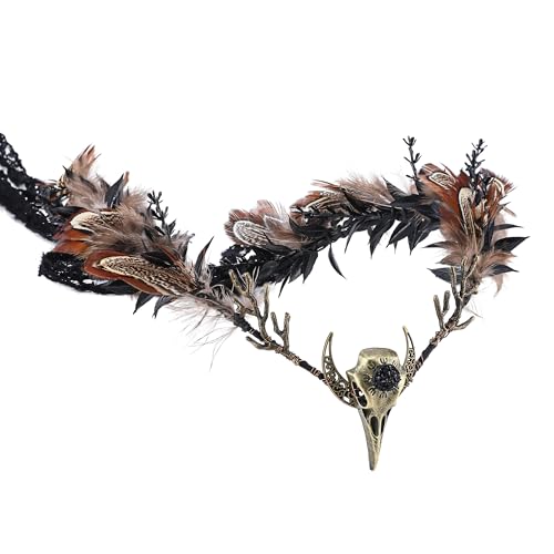 MOSTORY Brown Feather Witch Crown - Handmade Gothic Headpiece Elf Moon Cirlet with Crow Skull Dark Tiara for Women Witch Aesthetic Renaissance Halloween Cosplay Goth Wedding - Image 1