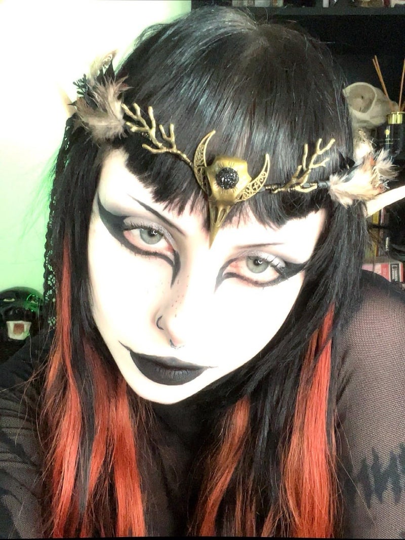 MOSTORY Brown Feather Witch Crown - Handmade Gothic Headpiece Elf Moon Cirlet with Crow Skull Dark Tiara for Women Witch Aesthetic Renaissance Halloween Cosplay Goth Wedding - Image 4