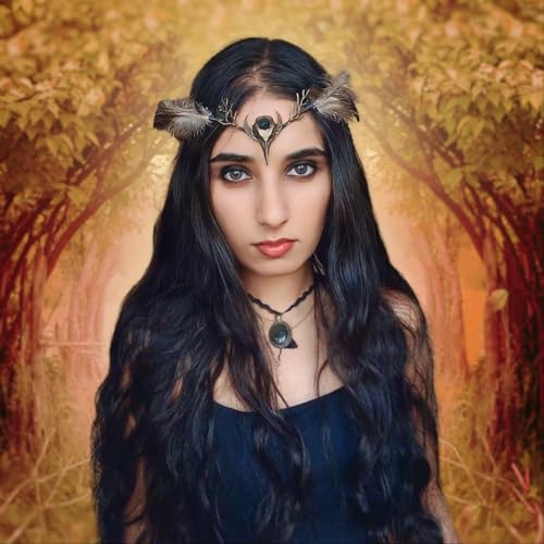 MOSTORY Brown Feather Witch Crown - Handmade Gothic Headpiece Elf Moon Cirlet with Crow Skull Dark Tiara for Women Witch Aesthetic Renaissance Halloween Cosplay Goth Wedding - Image 5