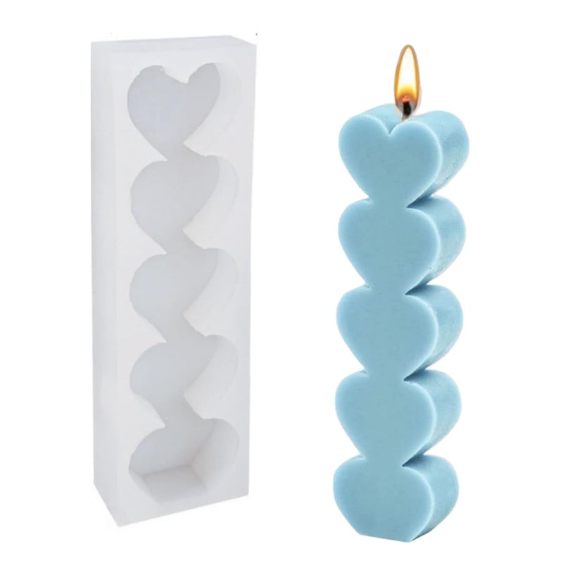 Shoppeecity Heart Shape Pillar Resin Candle Molds I Love 3D Fondant Silicone Wax Mould I for Handmade Candles Ornament Making Aromatherapy Mousse Dessert Soap Cake DIY Decorating Art Crafts 5 Cavity Large - Image 1