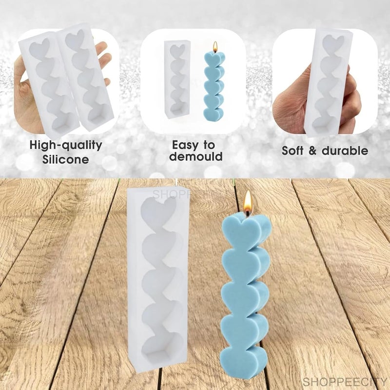 Shoppeecity Heart Shape Pillar Resin Candle Molds I Love 3D Fondant Silicone Wax Mould I for Handmade Candles Ornament Making Aromatherapy Mousse Dessert Soap Cake DIY Decorating Art Crafts 5 Cavity Large - Image 2
