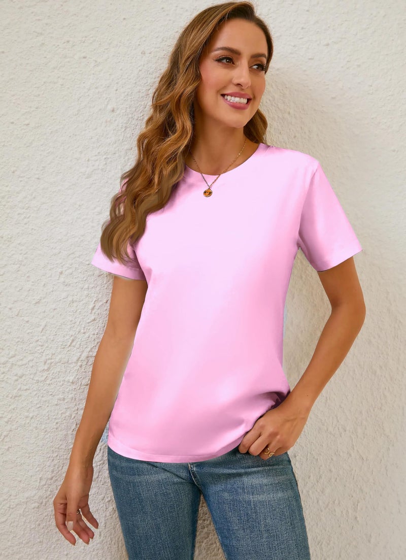 BJY 100% Cotton Light Pink Basic T Shirts for Women, Crew Neck Short Sleeve Shirts, Loose Fit Plain Workout Tshirts, Tops, Undershirts - Image 4