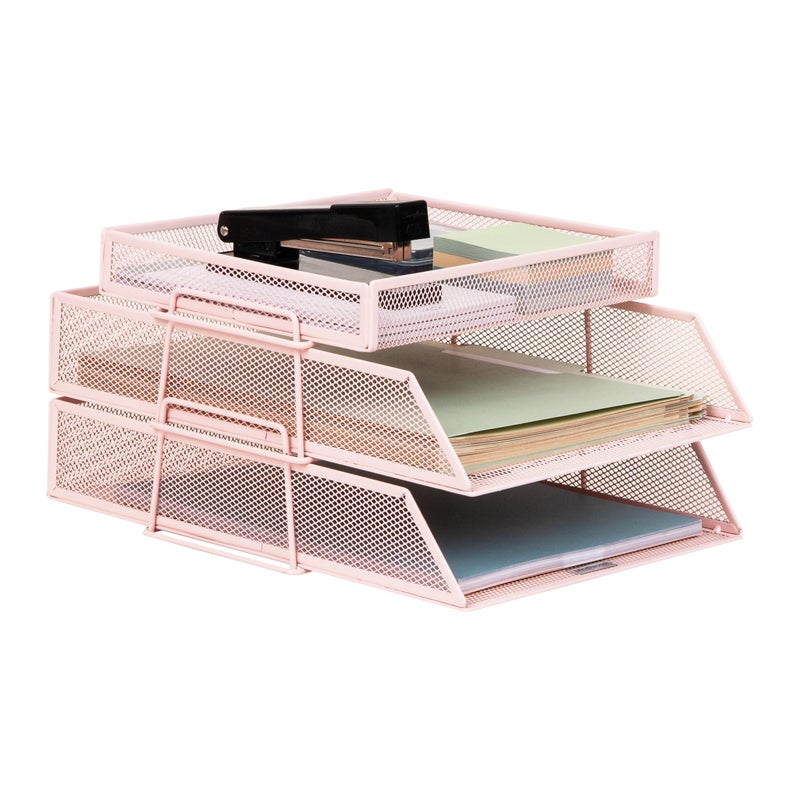 Mind Reader 2 Tier Paper Tray with Top Supply Compartment, Desktop File Organizer, Metal Mesh, Pink - Image 1