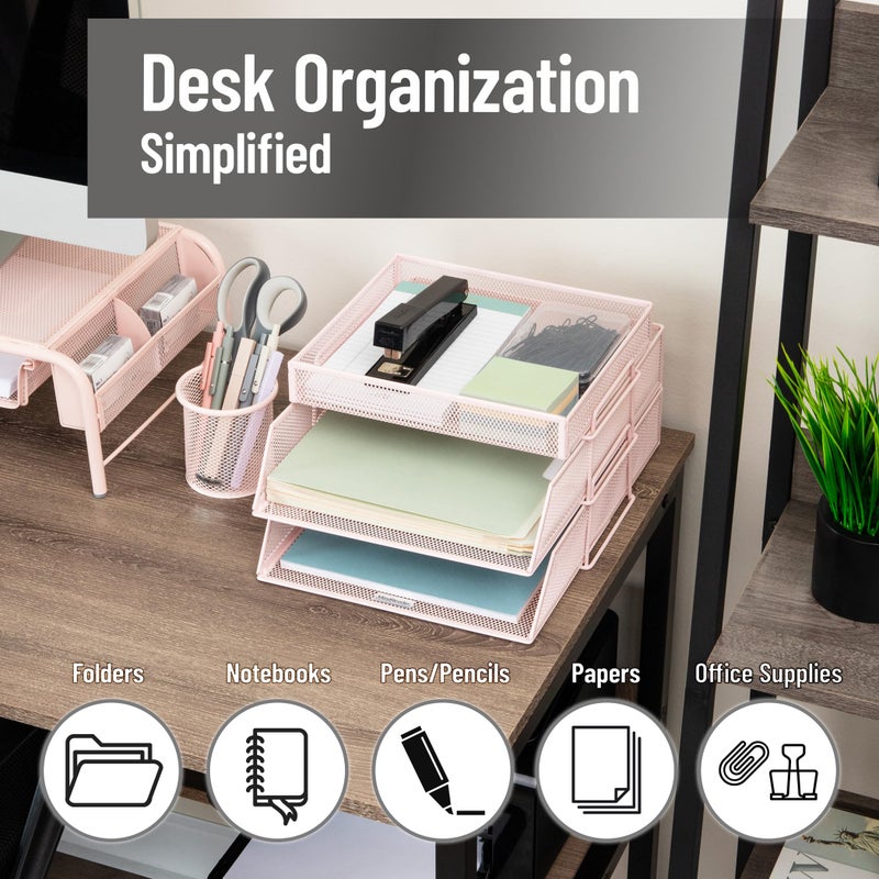 Mind Reader 2 Tier Paper Tray with Top Supply Compartment, Desktop File Organizer, Metal Mesh, Pink - Image 2