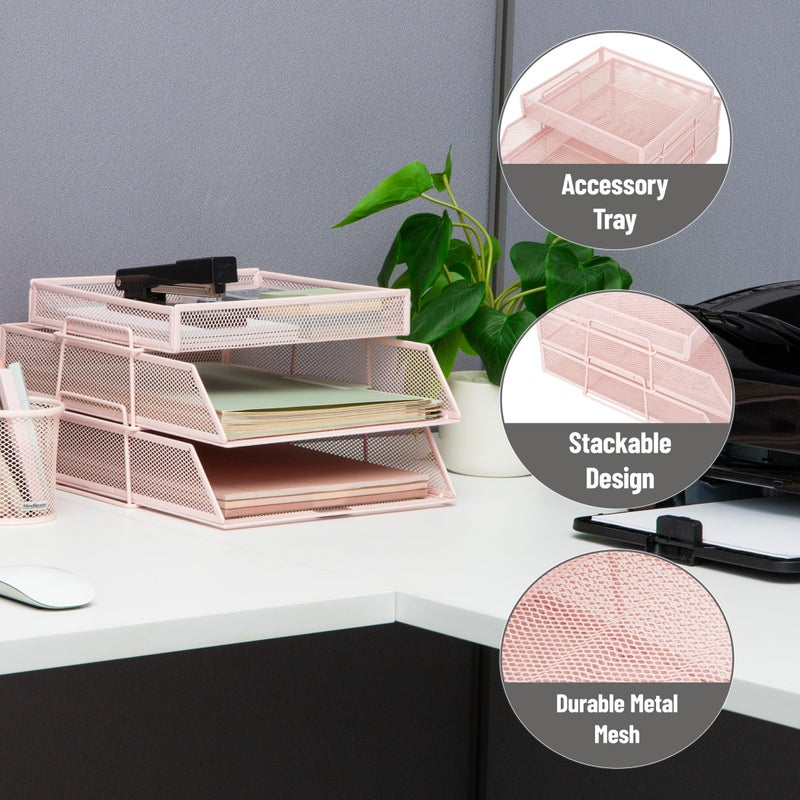 Mind Reader 2 Tier Paper Tray with Top Supply Compartment, Desktop File Organizer, Metal Mesh, Pink - Image 4