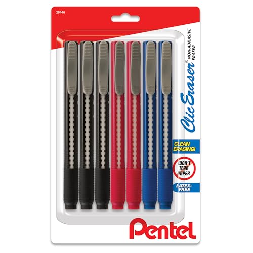 Pentel Clic Eraser Grip Retractable Eraser with Grip Office Barrel Colors (Black, Red, Blue) 7 Pack - Image 1