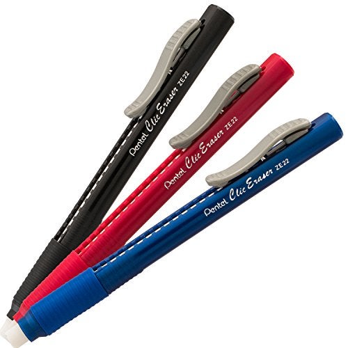 Pentel Clic Eraser Grip Retractable Eraser with Grip Office Barrel Colors (Black, Red, Blue) 7 Pack - Image 2
