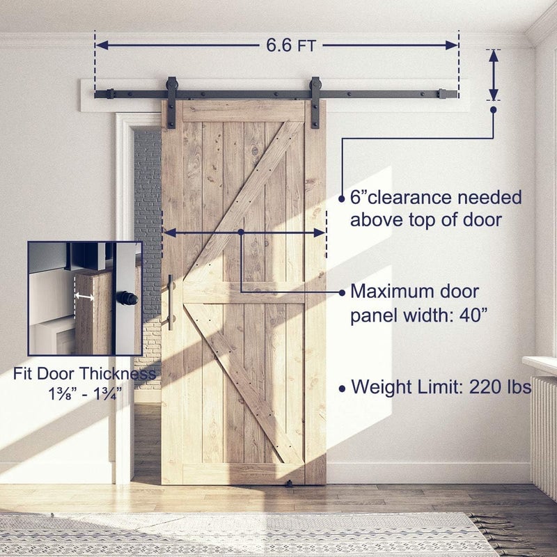 SMARTSTANDARD 6.6FT Sliding Barn Door Hardware Kit (Include 6.6ft Track Kit & Pull Handle Set & Floor Guide), Smoothly and Quietly, Easy to Install, Fit 36"-40" Wide Door Panel (J Shape) - Image 4