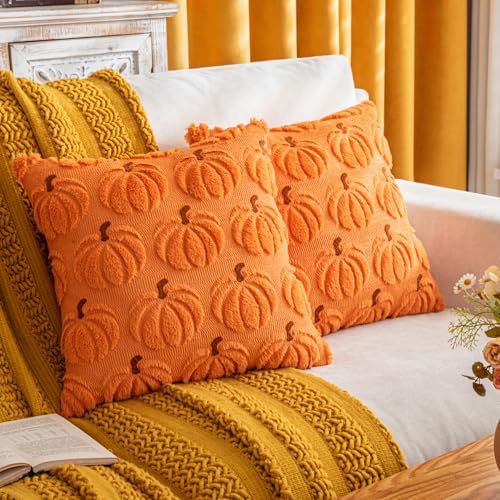 COSIBONO Pumpkin Fall Decorative Throw Pillow Covers 18x18 Set of 2 Orange Brown Soft Faux Fur Pillow Covers for Autumn Harvest Fluffy Plush Accent Pillow Cases for Farmhouse Halloween Decor - Image 1