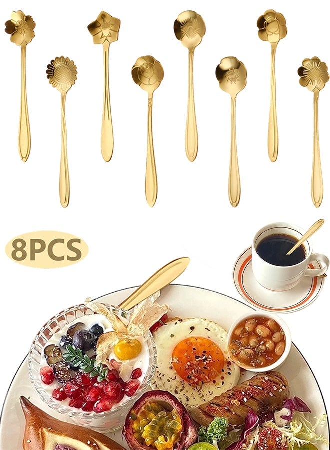 Set of 8 Golden Rose Shaped Stainless Steel Teaspoons, Multi-Purpose Coffee & Dessert Spoons for Home Kitchen, Cafe & Daily Dining Use - Image 1