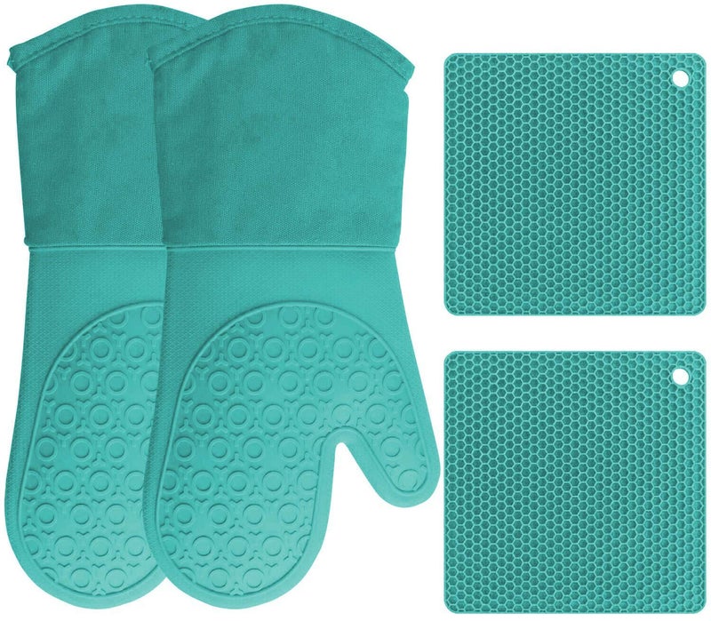 Homwe Silicone Oven Mitts And Pot Holders  4-Piece Set  Heavy Duty Cooking Gloves  Kitchen Counter Safe Trivet Mats  Advanced Heat Resistance  Non-Slip Textured Grip (Aqua Turquoise) - Image 1