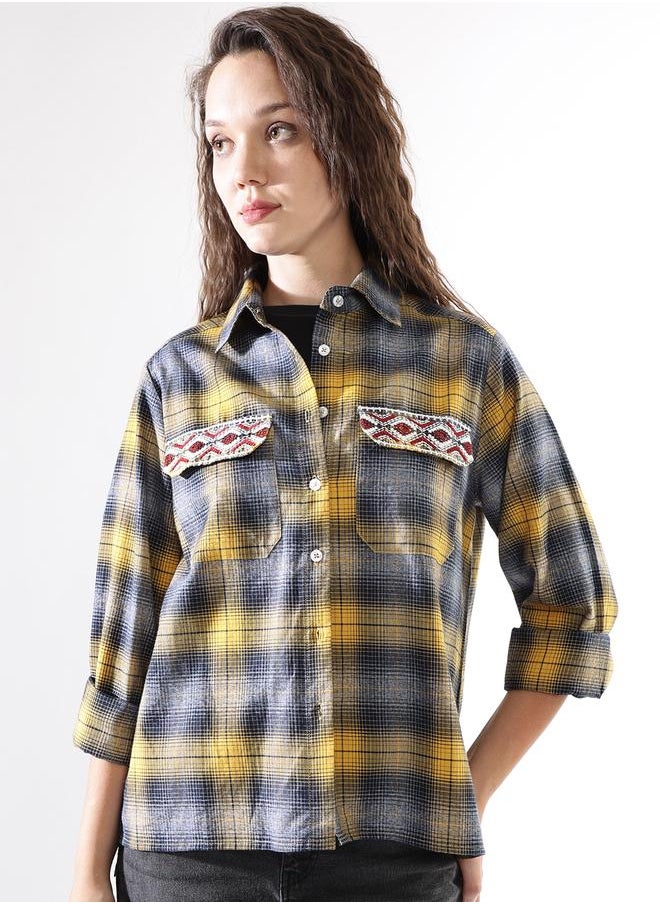 HIGH STAR Women Oversized Fit Checked Embroidered Casual Shirt  - Image 5