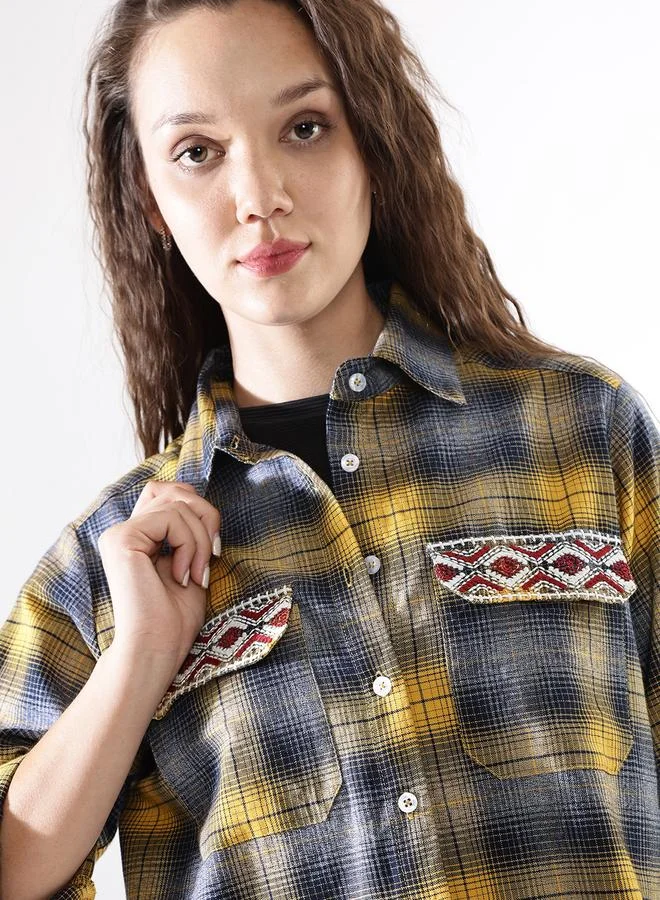 HIGH STAR Women's Multicolour 100% Cotton Embroidered Button Down Relaxed Shirt