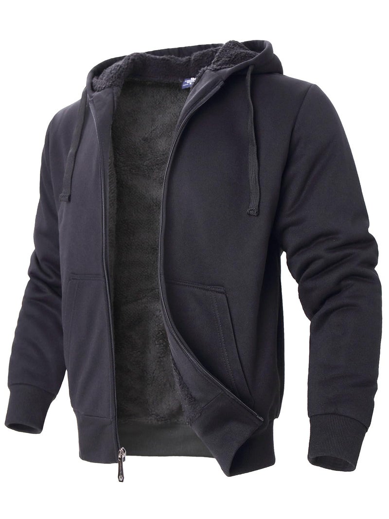 Facitisu Men's Winter Jacket Heavyweight Fleece Hoodies Full Zip Up Sherpa Lined Fleece Sweatshirt Black Large - Image 2