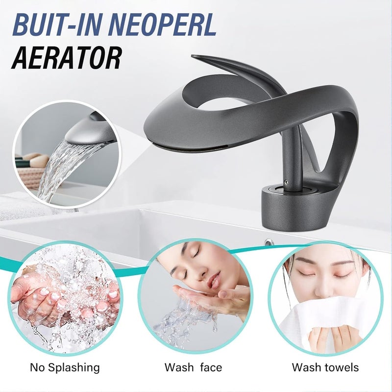 LOOKMINT Elegant Waterfall Bathroom Faucet Single Handle 1Hole Bathroom Vessel Sink Faucet Solid Brass Lavatory Vanity Sink Faucet with PoP UP Drain Grey - Image 5