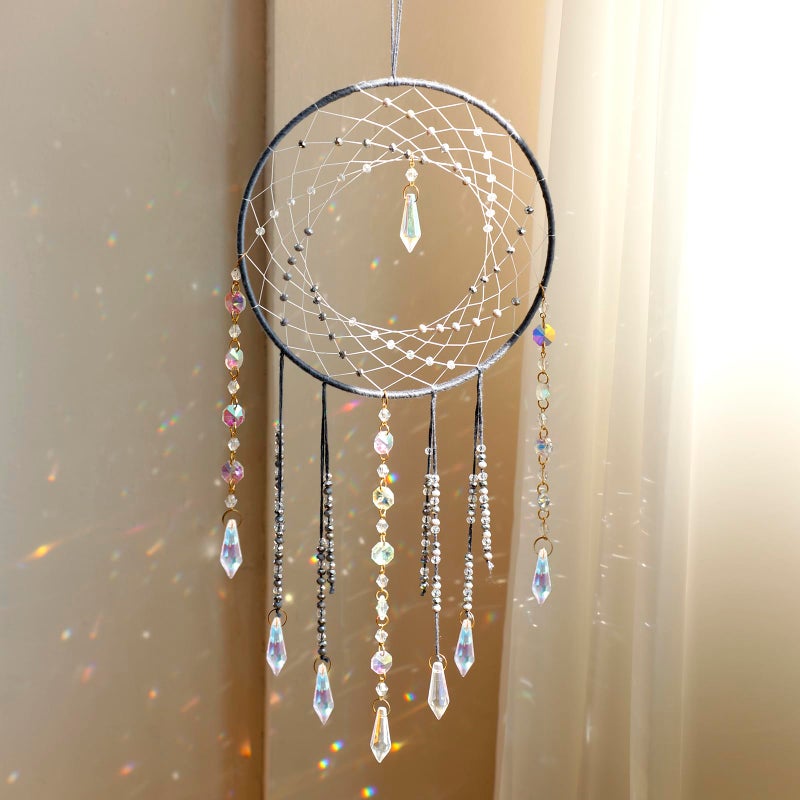 Artilady Dream Catchers with Crystals - Large Grey Boho Moon Dream Catcher Wall Decor House Decorations for Home Girls Kids Baby Bedroom Room Decor Christmas Birthday Teen Girl Boys Gifts - Image 1