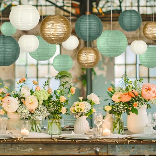 MEIDUO Paper Lanterns Decorative, Round Paper Lanterns Decorations Sage Green/Forest Green/Gold/White for Rustic Party Birthday Party Bachelorette Engagement Wedding Baby Shower 15pcs - Image 2