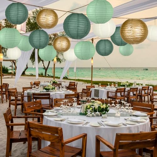 MEIDUO Paper Lanterns Decorative, Round Paper Lanterns Decorations Sage Green/Forest Green/Gold/White for Rustic Party Birthday Party Bachelorette Engagement Wedding Baby Shower 15pcs - Image 4