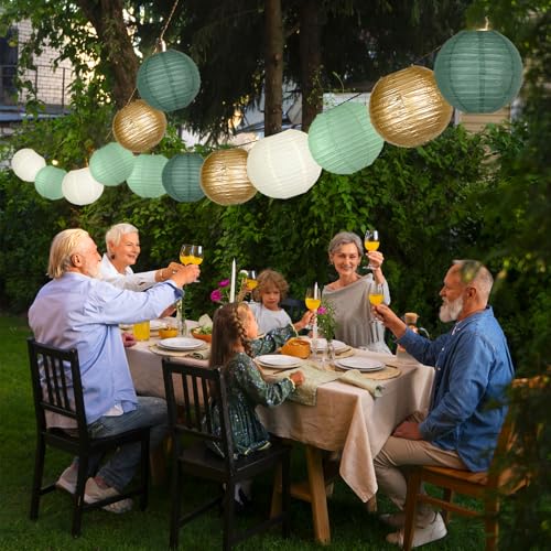 MEIDUO Paper Lanterns Decorative, Round Paper Lanterns Decorations Sage Green/Forest Green/Gold/White for Rustic Party Birthday Party Bachelorette Engagement Wedding Baby Shower 15pcs - Image 3