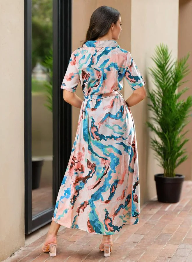 Freehand Abstract Print Sheath Buttoned Maxi Dress